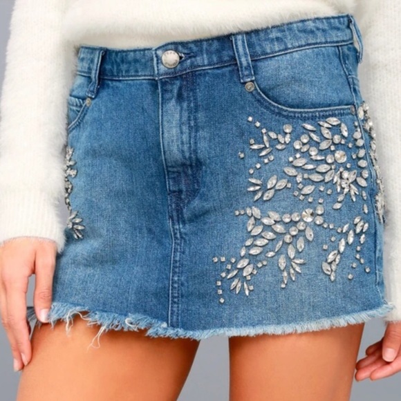 Free People Rhinestone Denim Frayed Mini Skirt - Picture 2 of 8